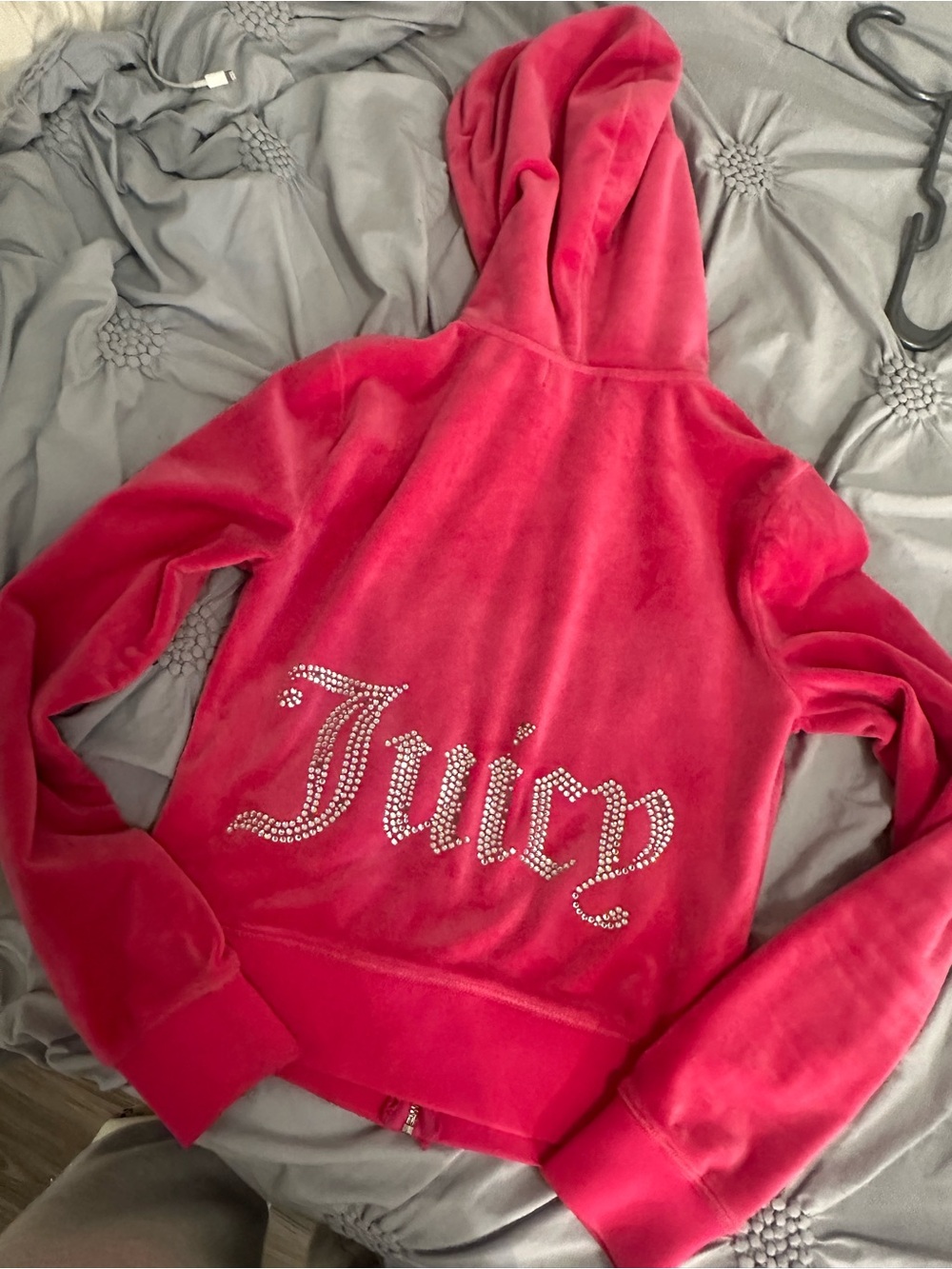 Juicy Couture Pink Velour Zip Hoodie with Rhinestone 'Juicy' Back